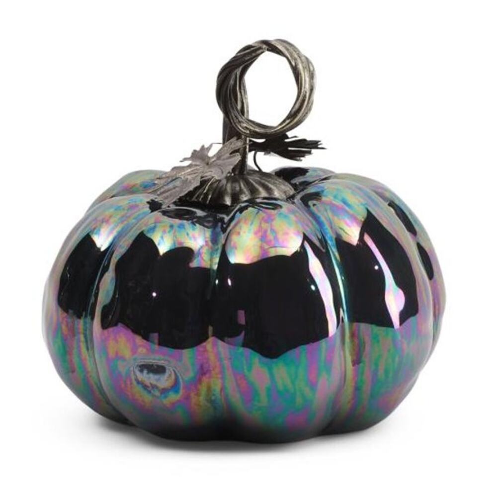 Martha Stewart Ceramic Pumpkin w/ Pewter Metal Stem 9in Iridescent Navy Blue NEW